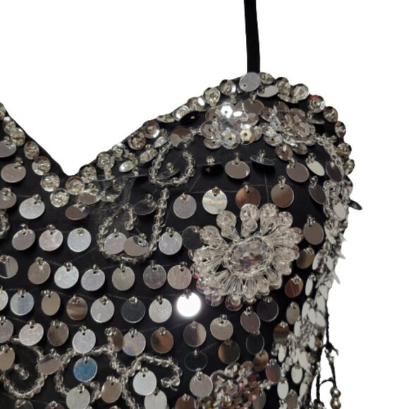 Black Sequin Halter Crop Top Silver Sequin Backless Belly Dancing Tops NEW - Picture 6 of 8